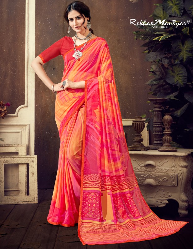 Orange coloured georgette printed saree for women