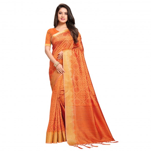 Orange coloured women's banarasi silk mono printed digital saree with woven pallu and tassels  