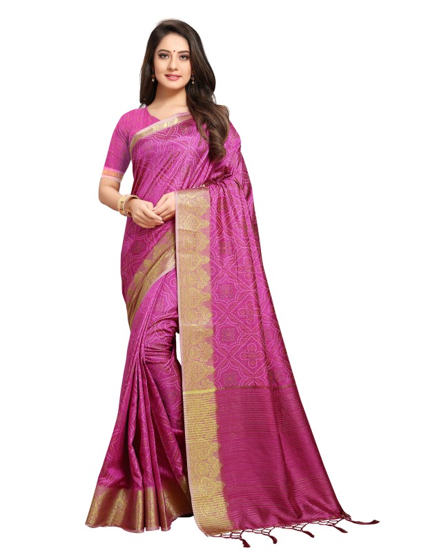 Pink coloured women's banarasi silk mono printed digital saree with woven pallu and tassels  