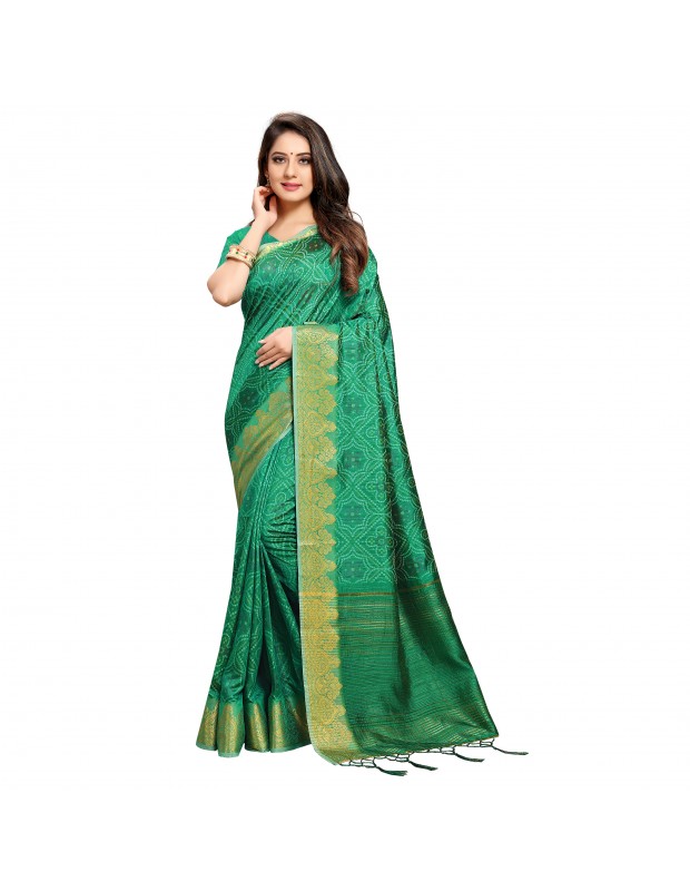 Rama coloured women's banarasi silk mono printed digital saree with woven pallu and tassels  