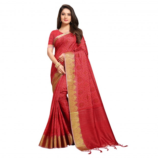 Red coloured women's banarasi silk mono printed digital saree with woven pallu and tassels  