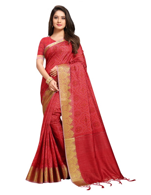 Red coloured women's banarasi silk mono printed digital saree with woven pallu and tassels  