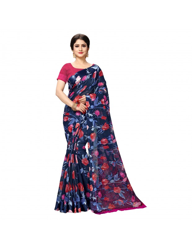 Navyblue coloured womne's linen blend silk saree with geomterical aztec prints