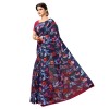 Navyblue coloured womne's linen blend silk saree with geomterical aztec prints