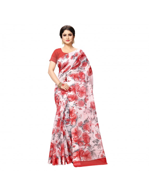 White coloured womne's linen blend silk saree with geomterical aztec prints