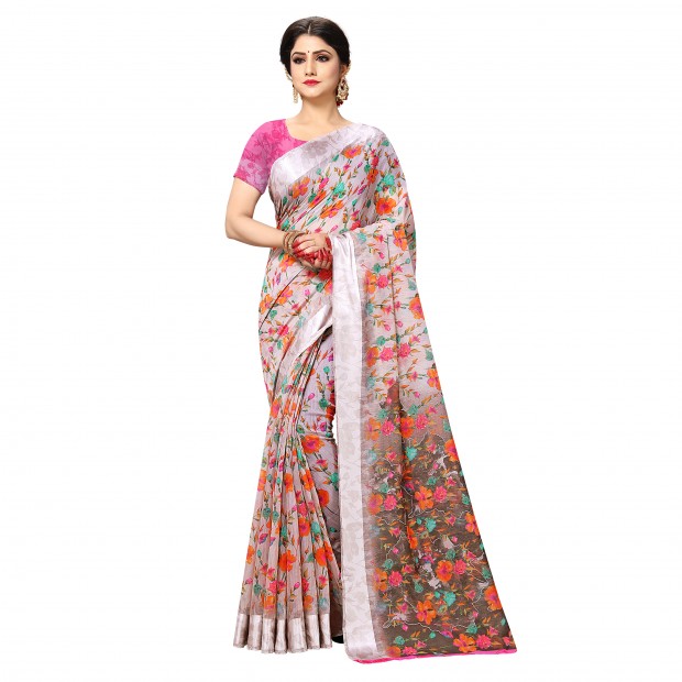Pink coloured womne's linen blend silk saree with geomterical aztec prints