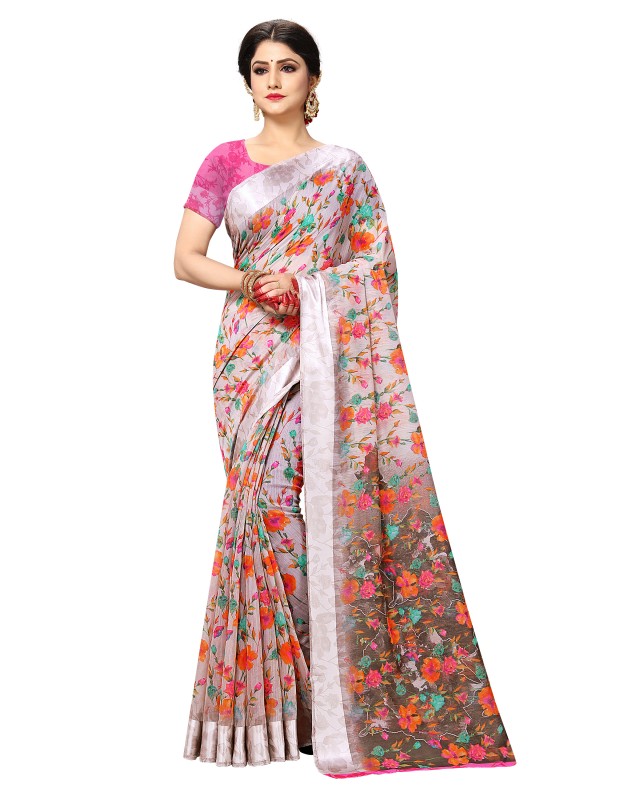 Pink coloured womne's linen blend silk saree with geomterical aztec prints