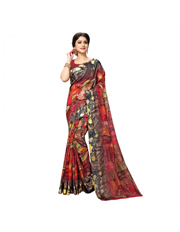 Red coloured womne's linen blend silk saree with geomterical aztec prints