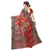 Red coloured womne's linen blend silk saree with geomterical aztec prints