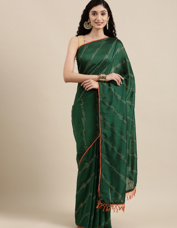 Green coloured foil printed saree with embroidery blouse