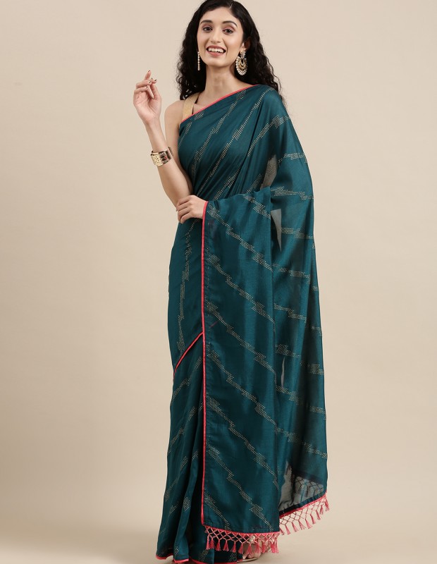 Blue coloured foil printed saree with embroidery blouse