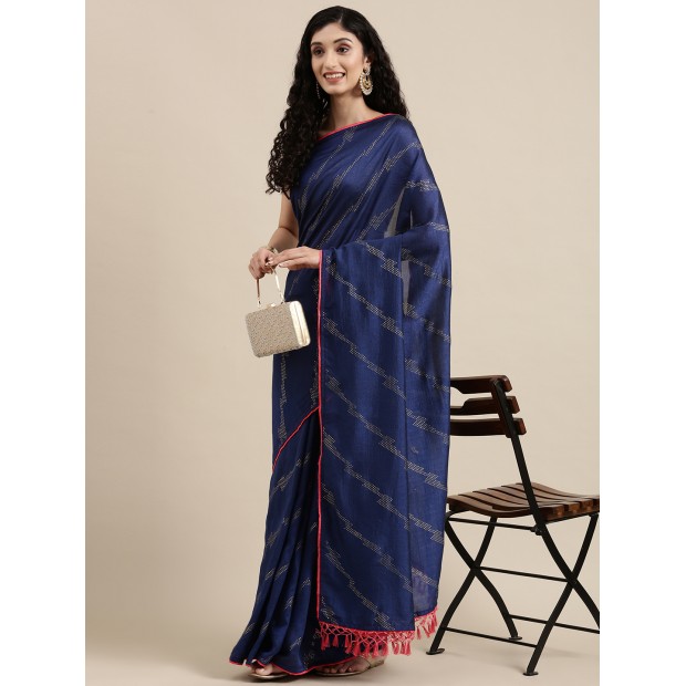 Navyblue coloured foil printed saree with embroidery blouse