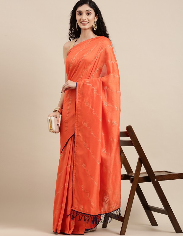 Orange coloured foil printed saree with embroidery blouse