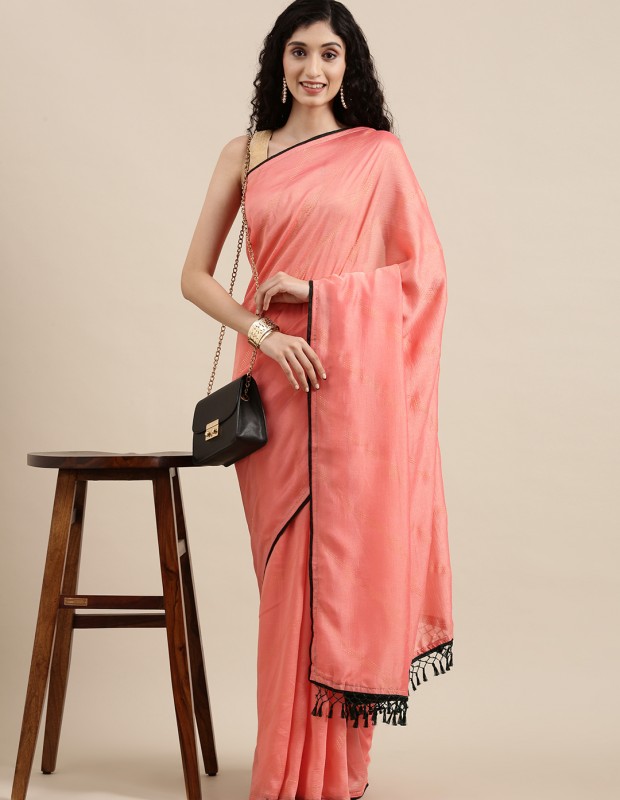 Peach coloured foil printed saree with embroidery blouse