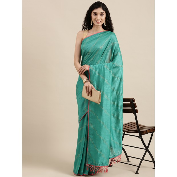 Turquoise coloured foil printed saree with embroidery blouse
