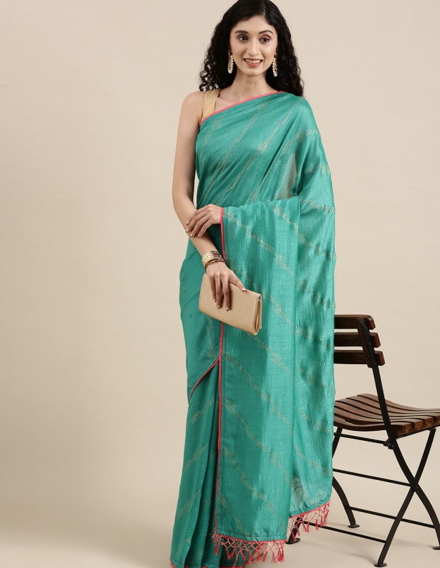 Turquoise coloured foil printed saree with embroidery blouse