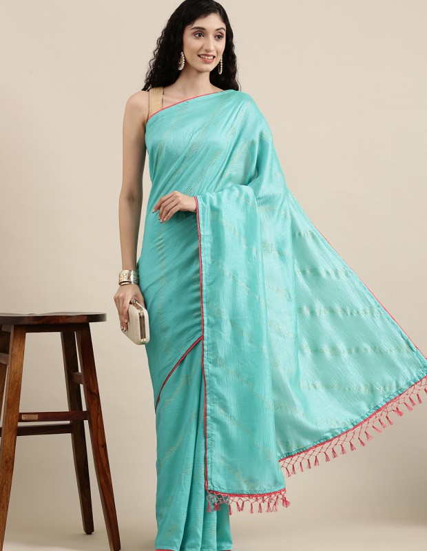 Skyblue coloured foil printed saree with embroidery blouse
