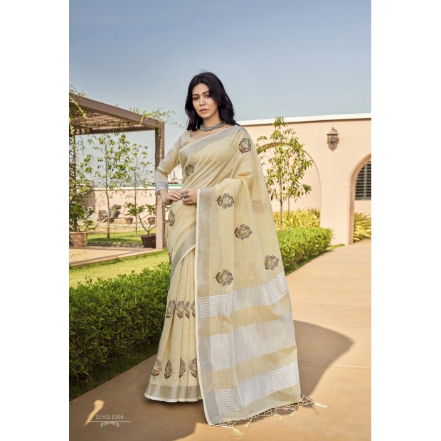 Beige coloured linen material embroidery saree