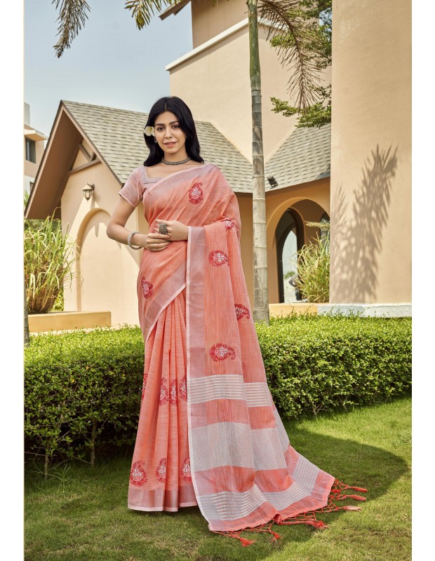 Peach coloured linen material embroidery saree