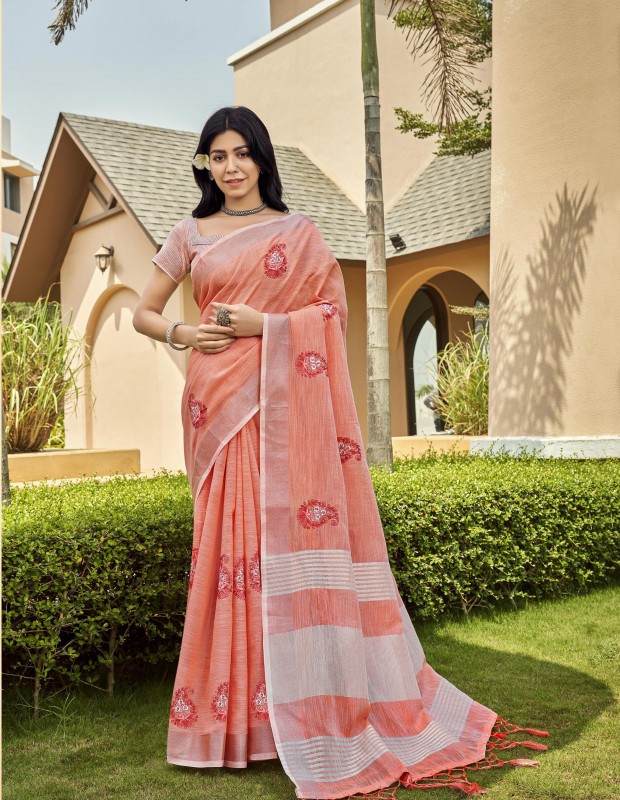 Peach coloured linen material embroidery saree