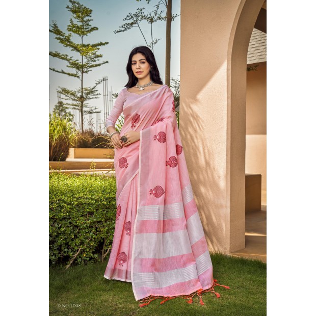 Pink coloured linen material embroidery saree