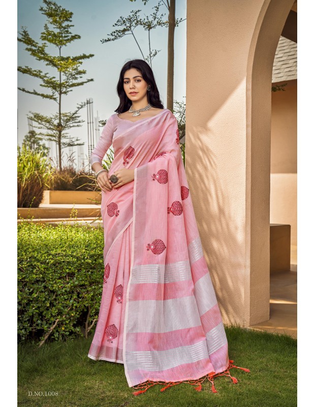 Pink coloured linen material embroidery saree