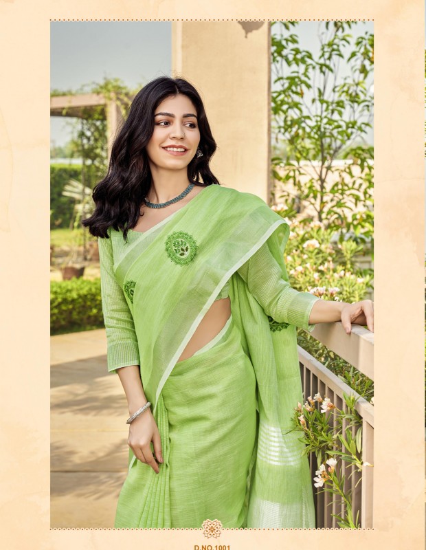 Green coloured linen material embroidery saree