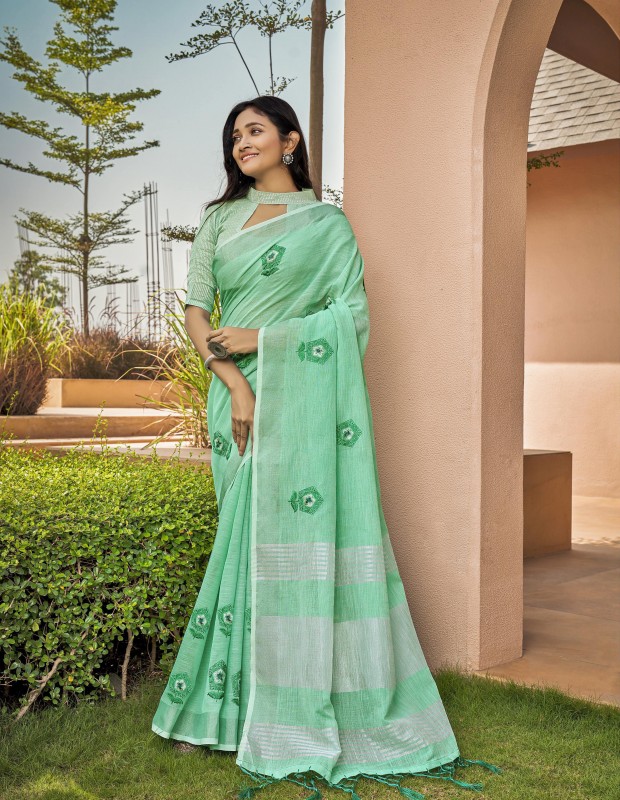 Turquoise coloured linen material embroidery saree
