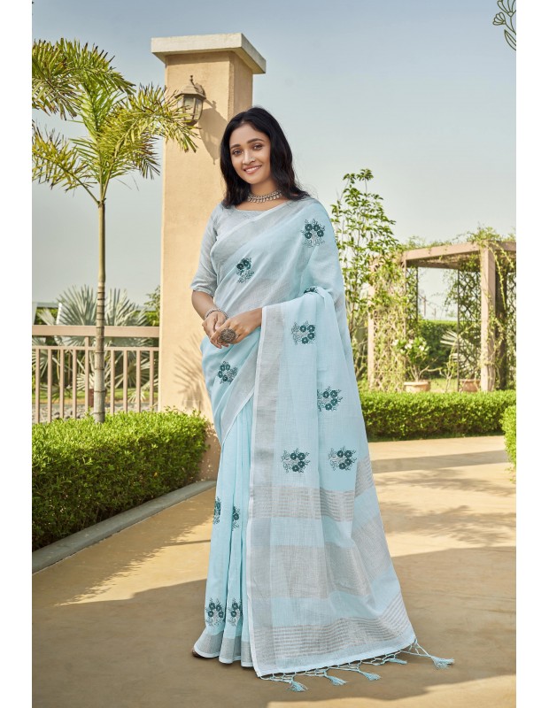 Blue coloured linen material embroidery saree