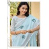 Blue coloured linen material embroidery saree