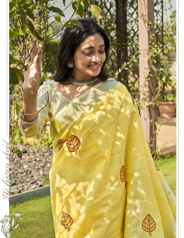 Yellow coloured linen material embroidery saree