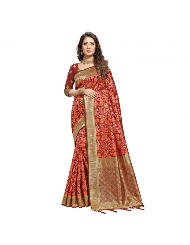 Wine coloured womens handloom weaved banarasi silk saree