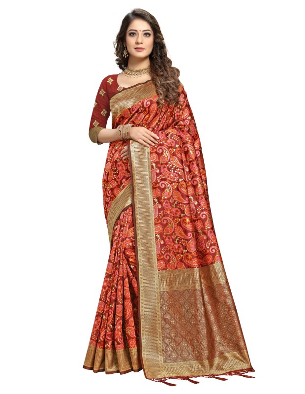 Wine coloured womens handloom weaved banarasi silk saree